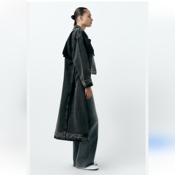 ZARA Denim Trench Coat Jacket Long Oversized Size L/XL - Picture 8 of 11